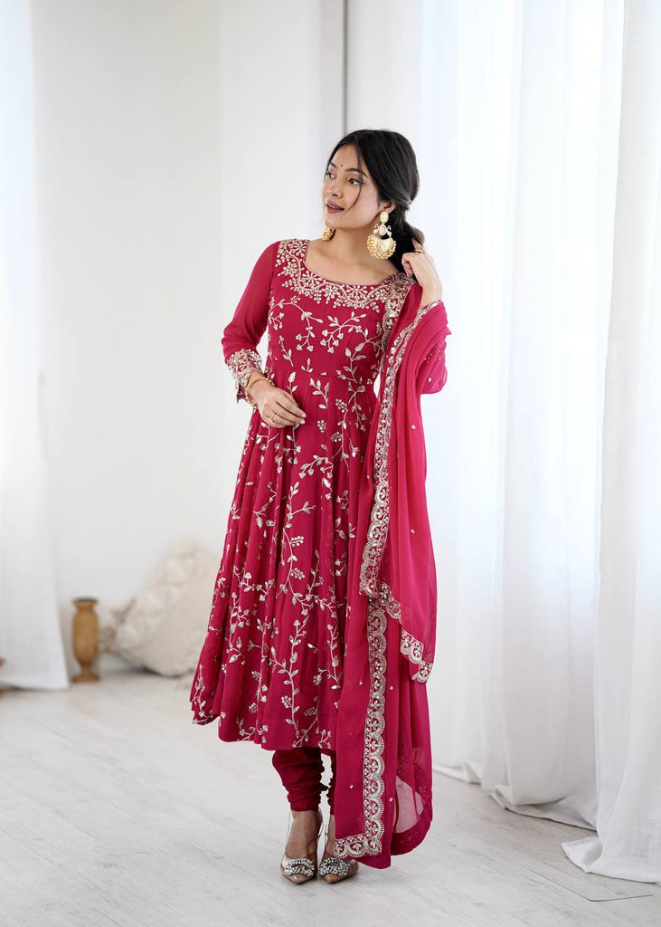Rani Pink Faux Georgette Sequence Embroidery Work Gown