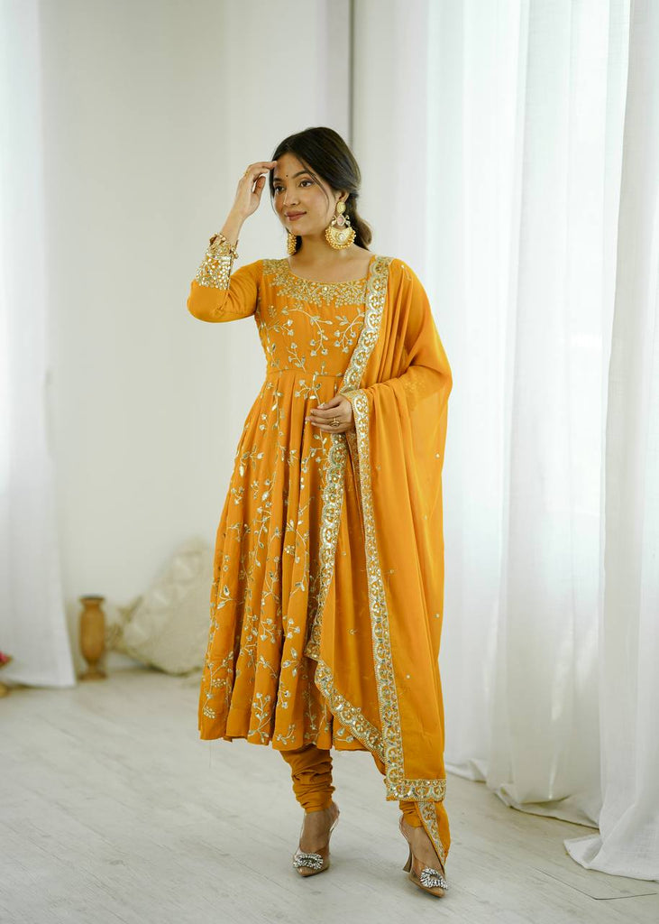 Yellow Faux Georgette Sequence Embroidery Work Gown