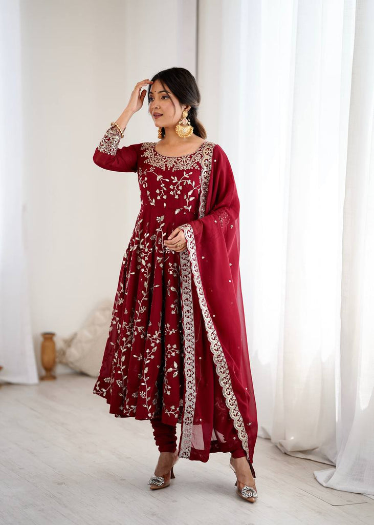 Red Faux Georgette Sequence Embroidery Work Gown