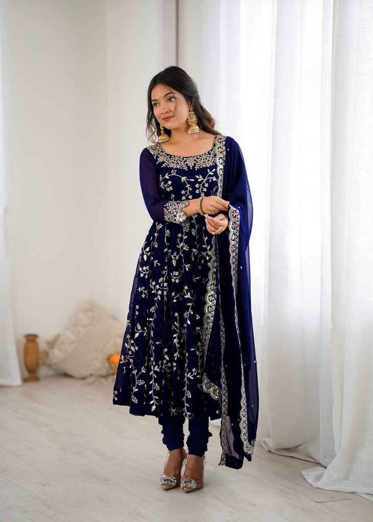 Navy Blue Faux Georgette Sequence Embroidery Work Gown