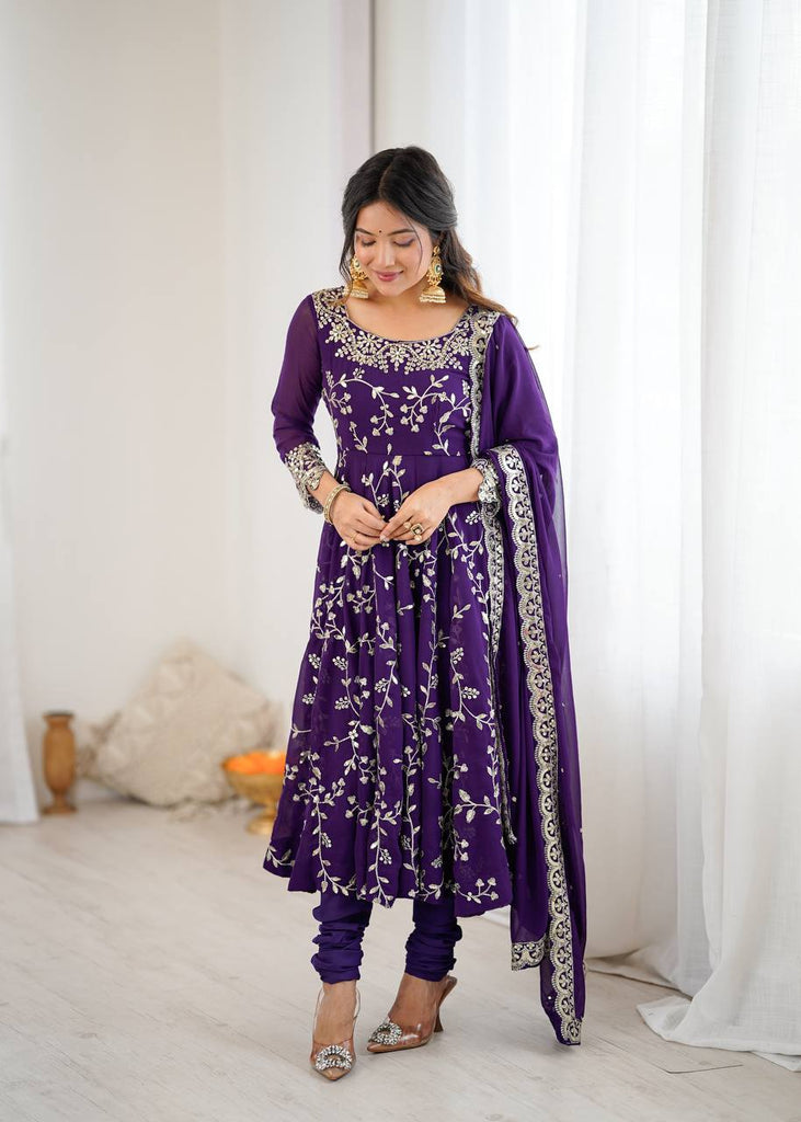 Purple Faux Georgette Sequence Embroidery Work Gown