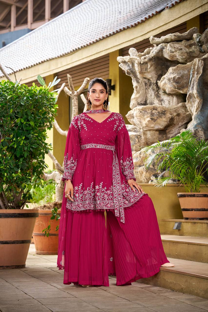 Rani Pink Georgette Embroidery Work Palazzo Suit