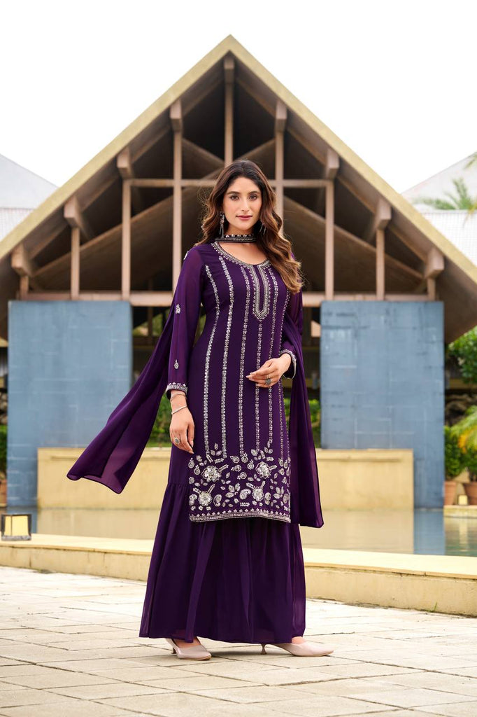 Plum Wine Chinon Silk Sequence Embroidery Work Palazzo Suit
