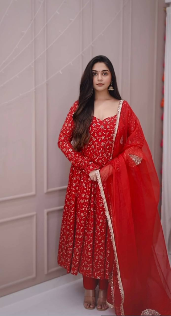 Red Blooming Georgette Sequence Embroidery Work Gown