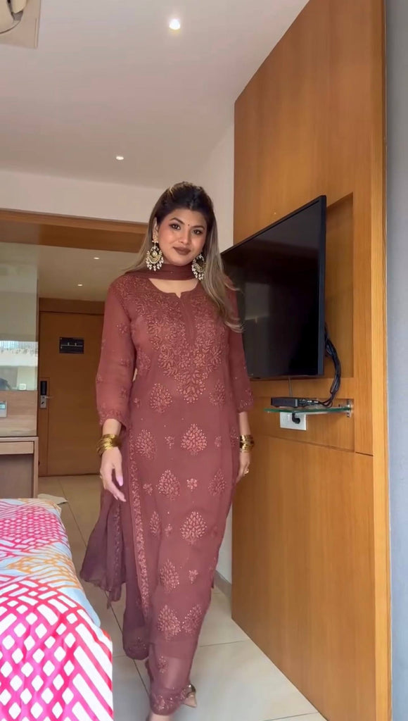 Brown Faux Georgette Embroidery Work Kurta With Palazzo And Dupatta