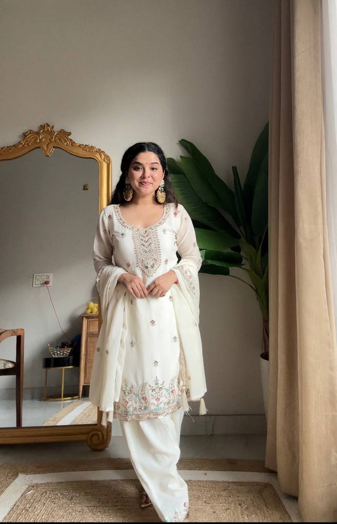 White Chinon Silk Sequence Embroidery Work Salwar Suit