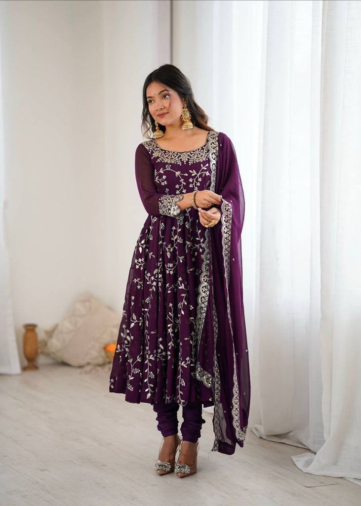 Burgundy Faux Georgette Sequence Embroidery Work Gown