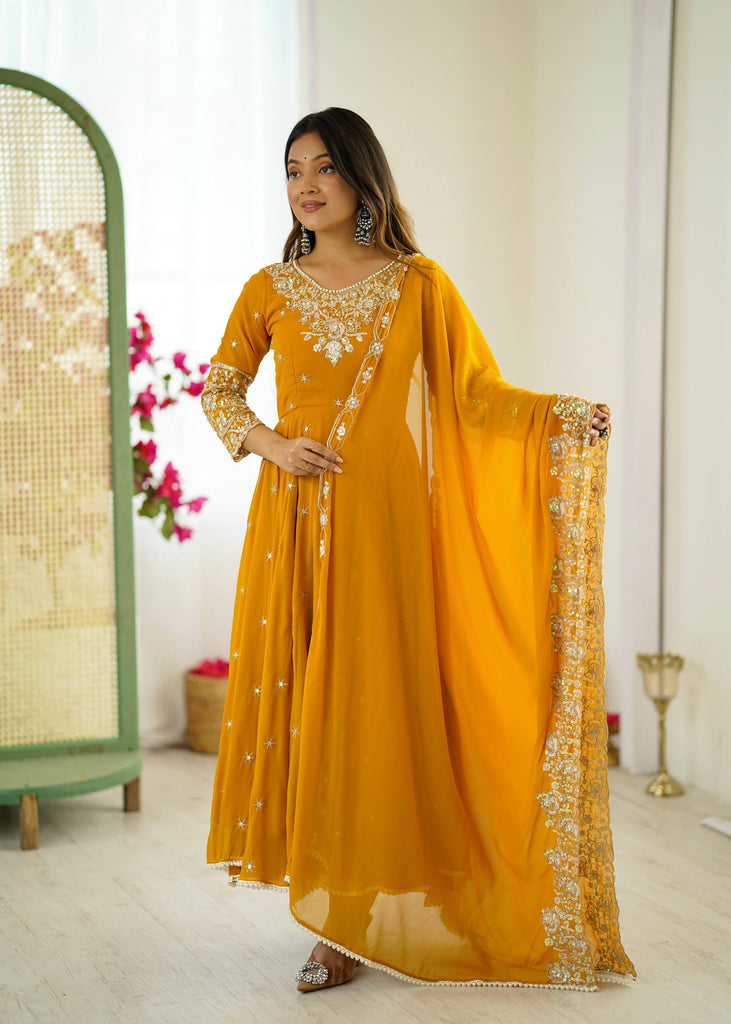 Yellow Blooming Georgette Sequence Rainbow Work Gown