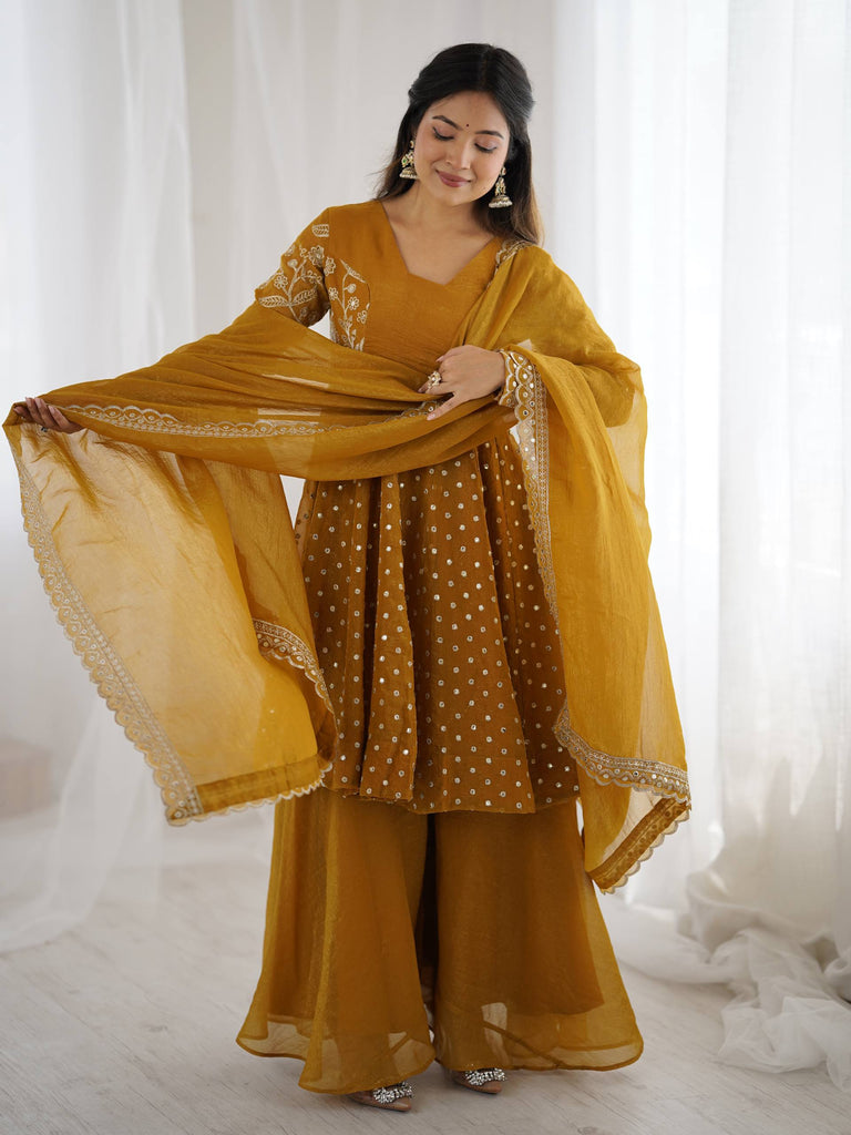 Mustard Yellow Crunchy Silk Sequence Embroidery Work Palazzo Suit