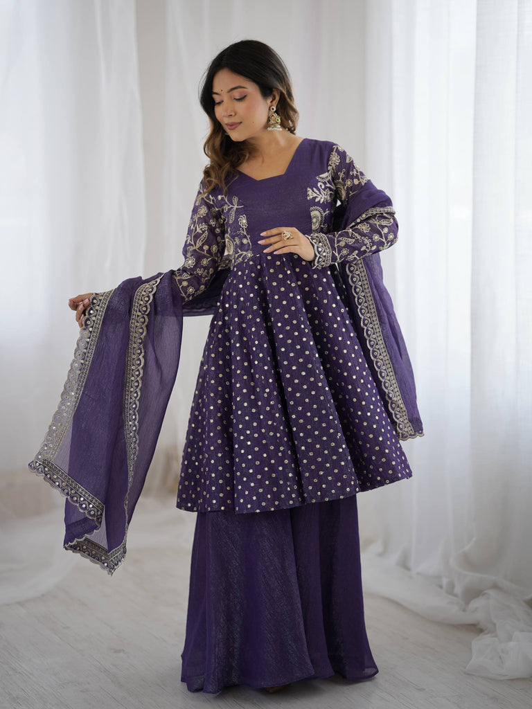 Lilac Crunchy Silk Sequence Embroidery Work Palazzo Suit