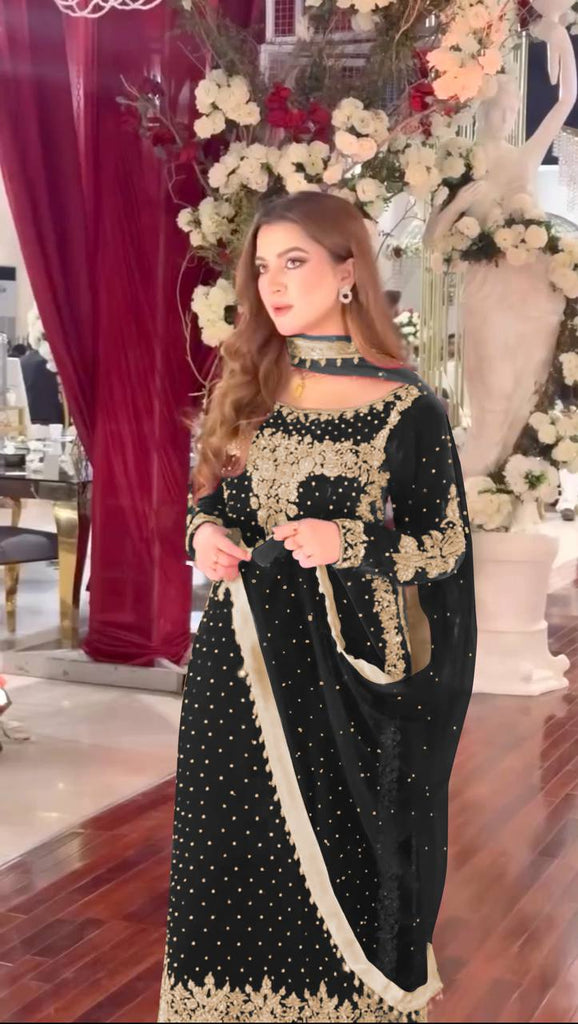 Black Viscose Velvet Sequence Embroidery Work Salwar Suit