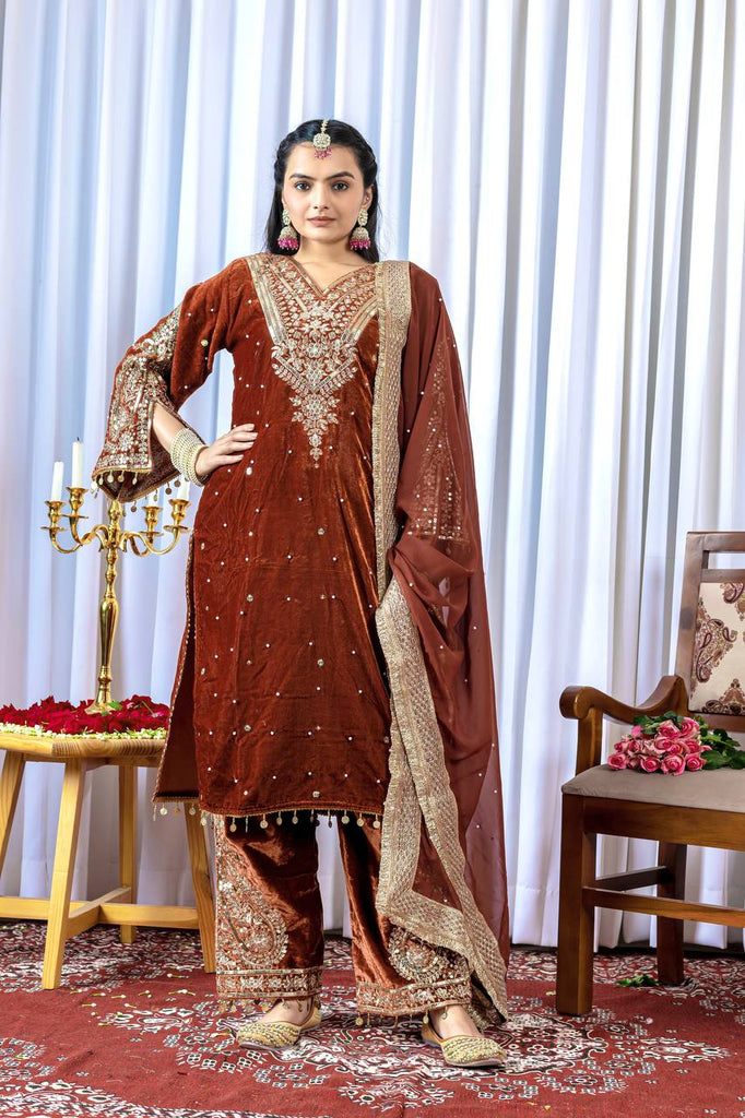 Brown Viscose Velvet Sequence Embroidery Work Salwar Suit