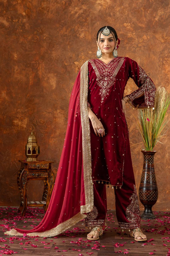 Maroon Viscose Velvet Sequence Embroidery Work Salwar Suit