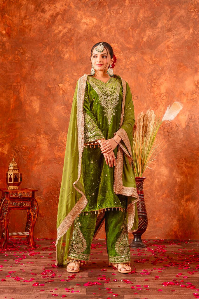 Green Viscose Velvet Sequence Embroidery Work Salwar Suit