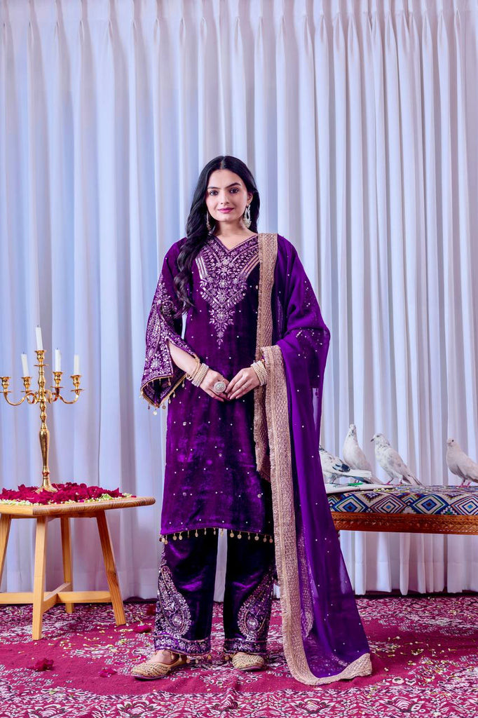 Purple Viscose Velvet Sequence Embroidery Work Salwar Suit