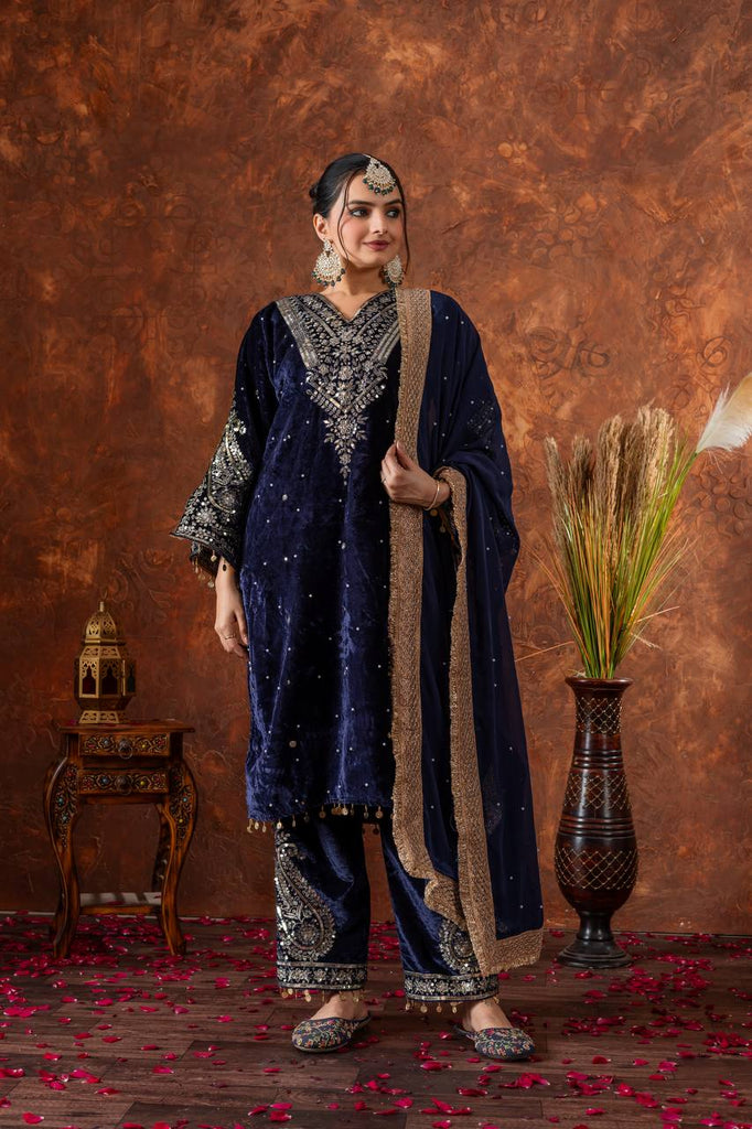 Navy Blue Viscose Velvet Sequence Embroidery Work Salwar Suit
