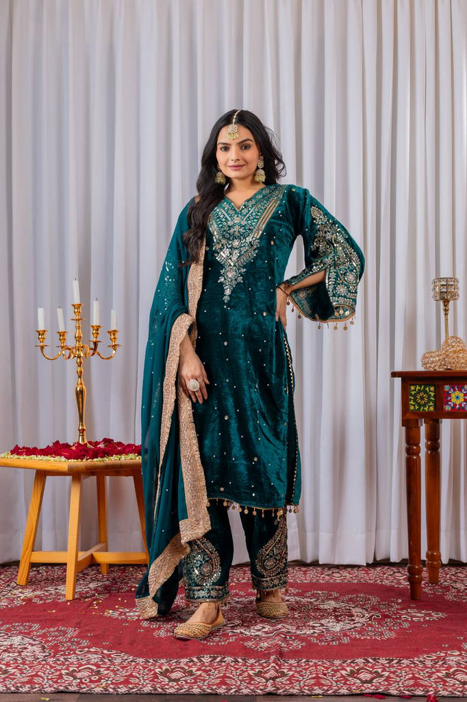 Rama Green Viscose Velvet Sequence Embroidery Work Salwar Suit