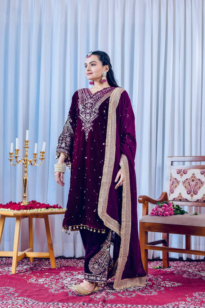 Wine Viscose Velvet Sequence Embroidery Work Salwar Suit