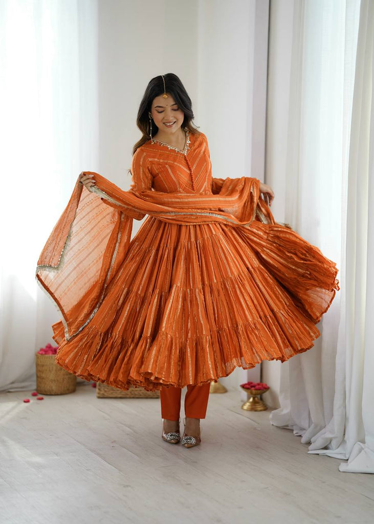 Orange Mal Chanderi Real Mirror Work Ruffle Gown