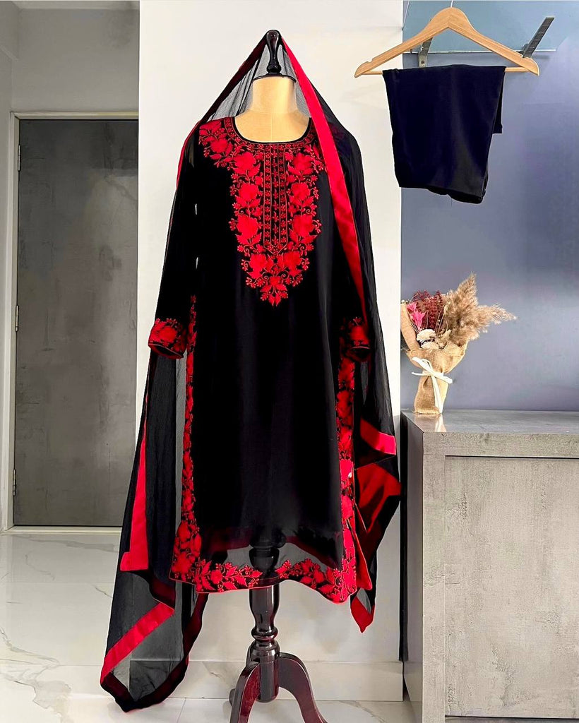 Black Viscose Velvet Embroidery Work Farshi Plazzo Suit