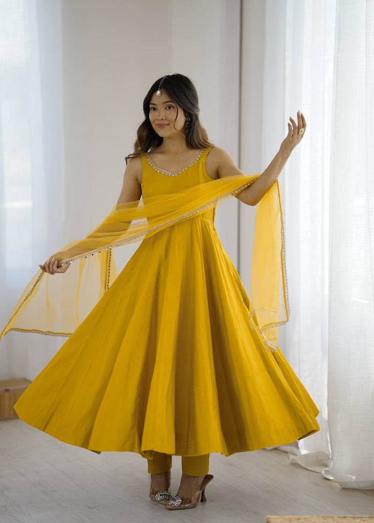 Yellow Soft Organza Silk Gown With Dupatta