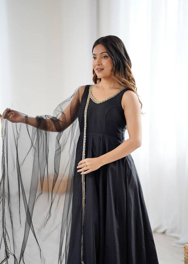 Black Soft Organza Silk Gown With Dupatta