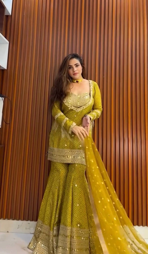 Lime Yellow Chinon Silk Sequence Embroidery Work Sharara Suit