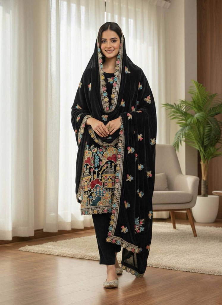 Black Viscose Velvet Sequence Embroidery Work Salwar Suit