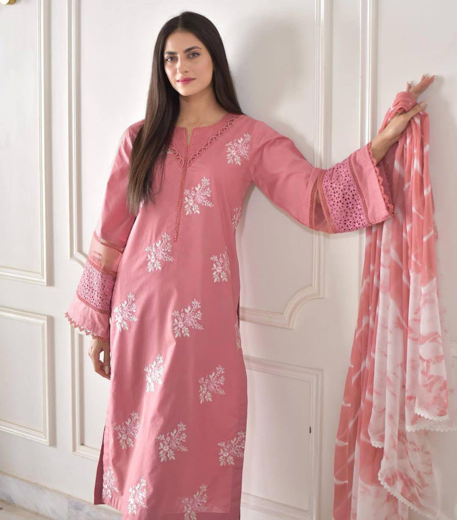 Onion Pink Roman Silk Embroidery Work Salwar Suit
