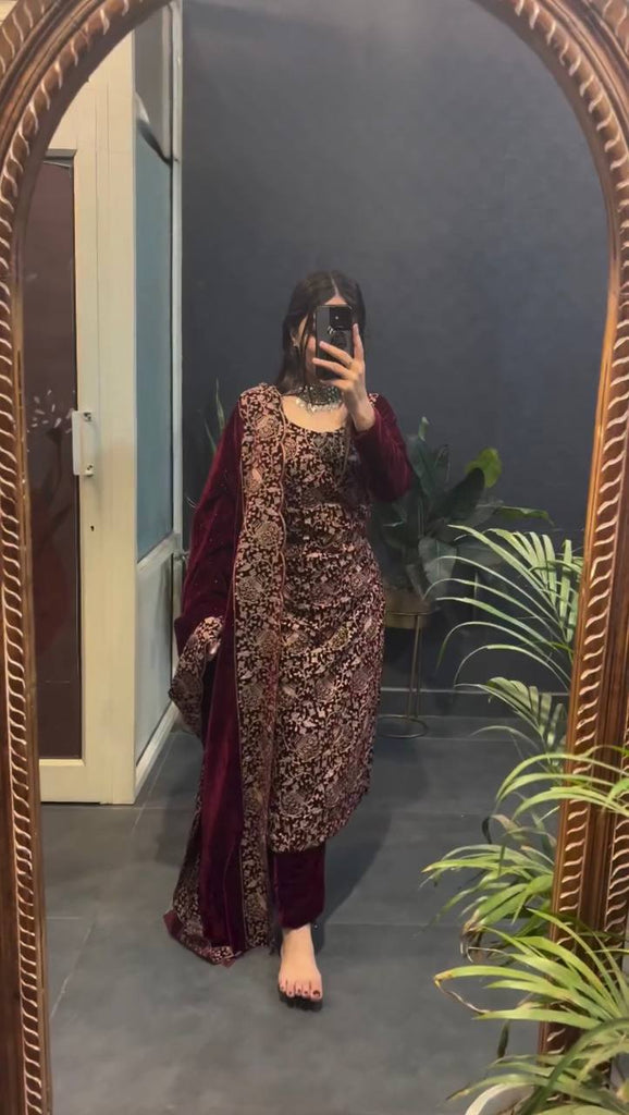 Maroon Viscose Velvet Chain Stitch Work Salwar Suit