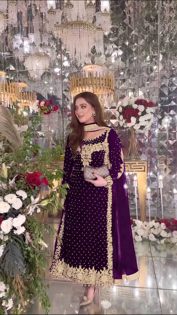 Wine Viscose Velvet Sequence Embroidery Work Salwar Suit