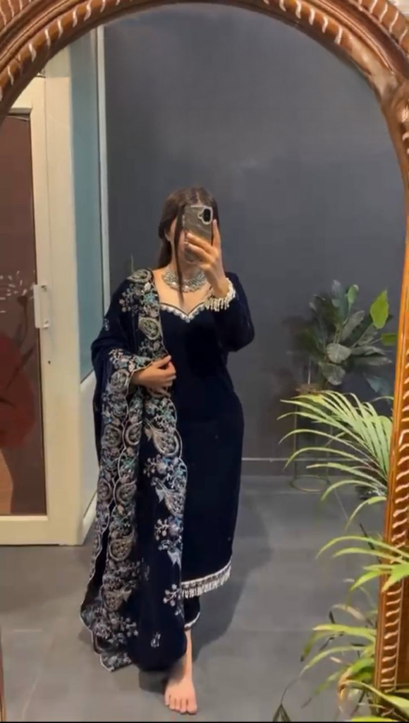 Navy Blue Viscose Velvet Sequence Work Salwar Suit