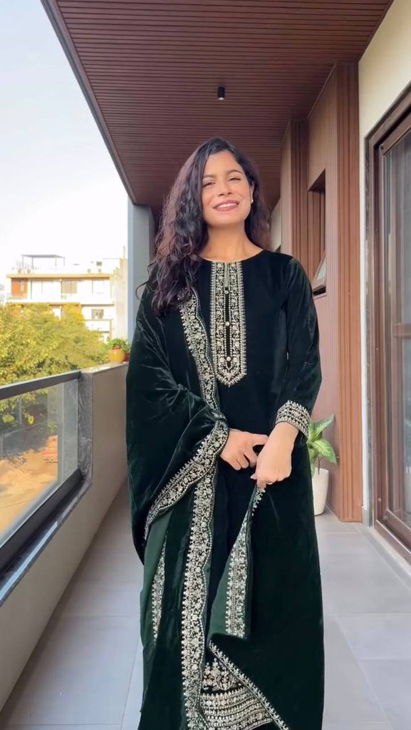 Dark Green Velvet Sequence Embroidery Work Palazzo Suit