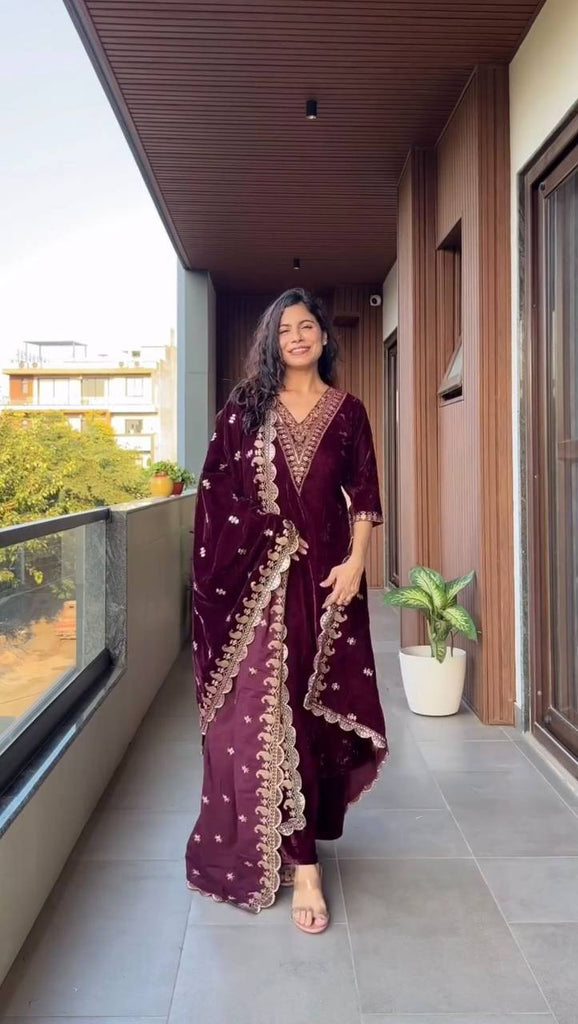 Wine Velvet Sequence Embroidery Work Palazzo Suit