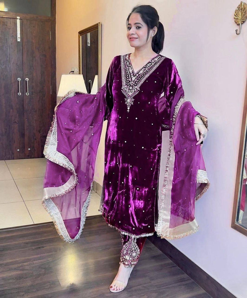 Purple Viscose Velvet Thread Work Salwar Suit