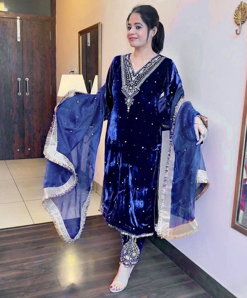 Blue Viscose Velvet Thread Work Salwar Suit