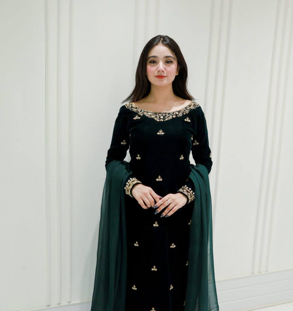 Dark Green Velvet Sequence Embroidery Work Salwar Suit
