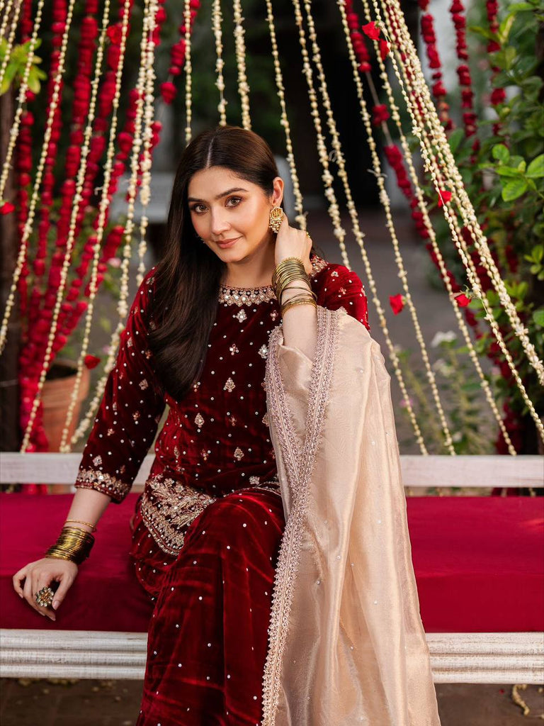 Maroon Viscose Velvet Rivet Moti Hand Work Sharara Suit
