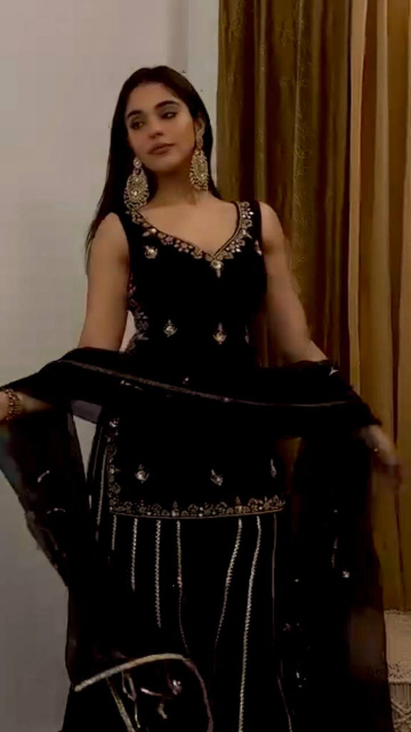 Black Viscose Velvet Sequence Embroidery Work Palazzo Suit