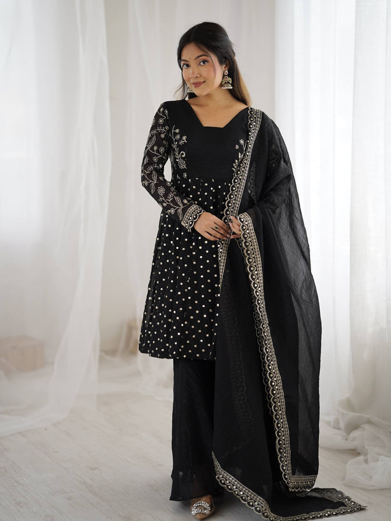Black Crunchy Silk Sequence Embroidery Work Palazzo Suit