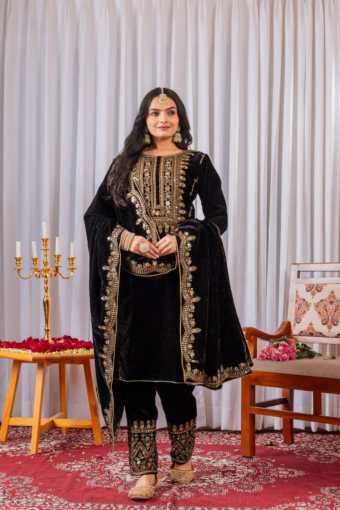 Black Viscose Velvet Sequence Embroidery Work Salwar Suit