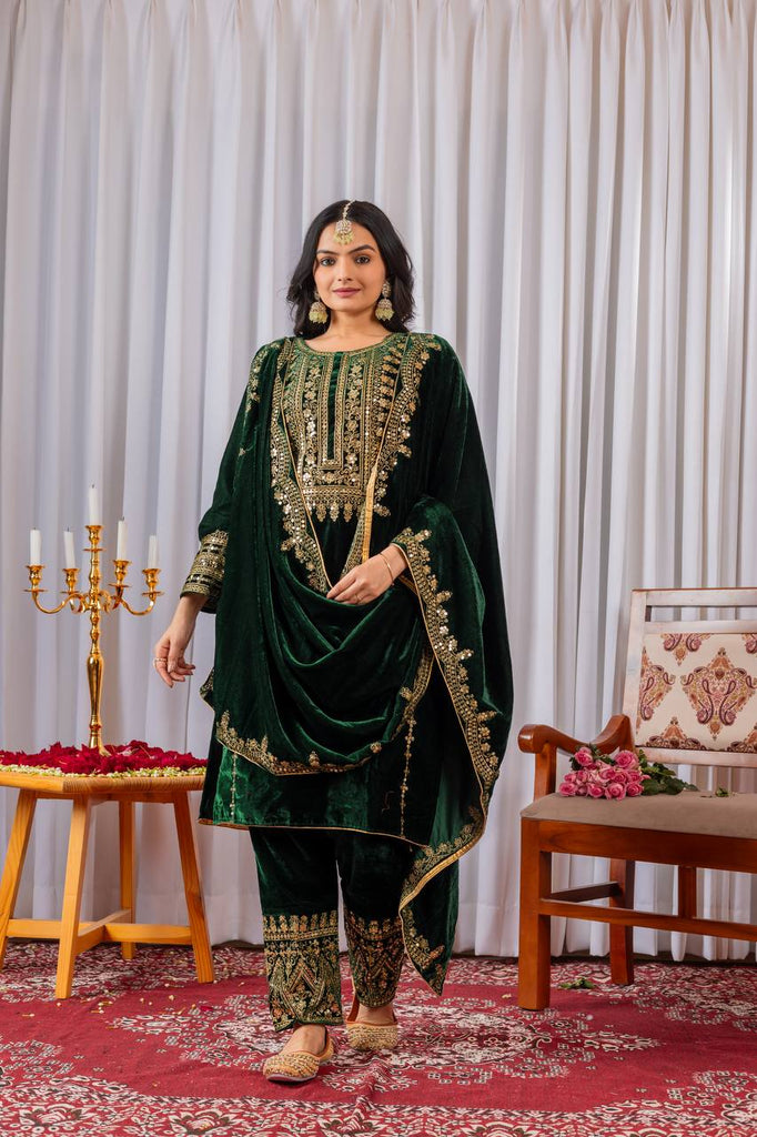 Dark Green Viscose Velvet Sequence Embroidery Work Salwar Suit