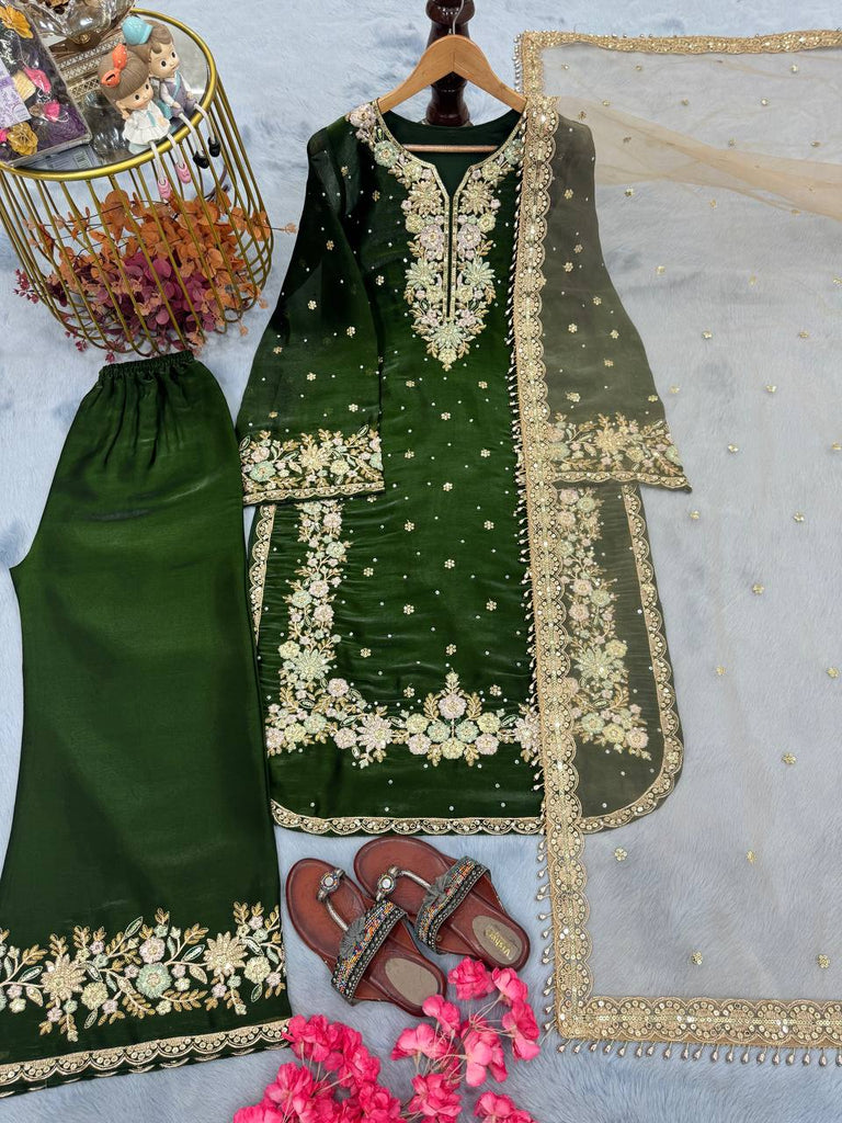Dark Green Pure Tissu Silk Sequence Embroidery Work Plazzo Suit