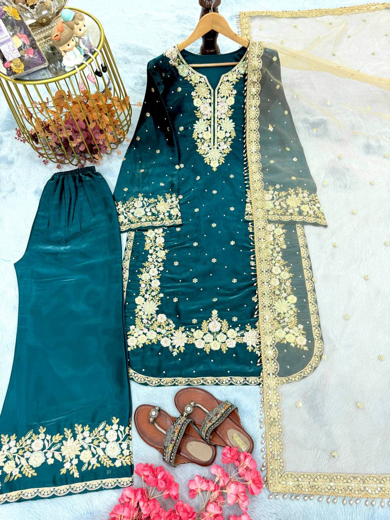 Rama Blue Pure Tissu Silk Sequence Embroidery Work Plazzo Suit