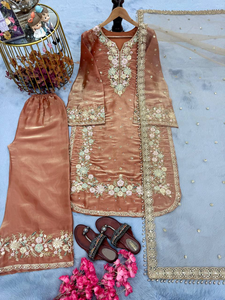 Orange Pure Tissu Silk Sequence Embroidery Work Plazzo Suit