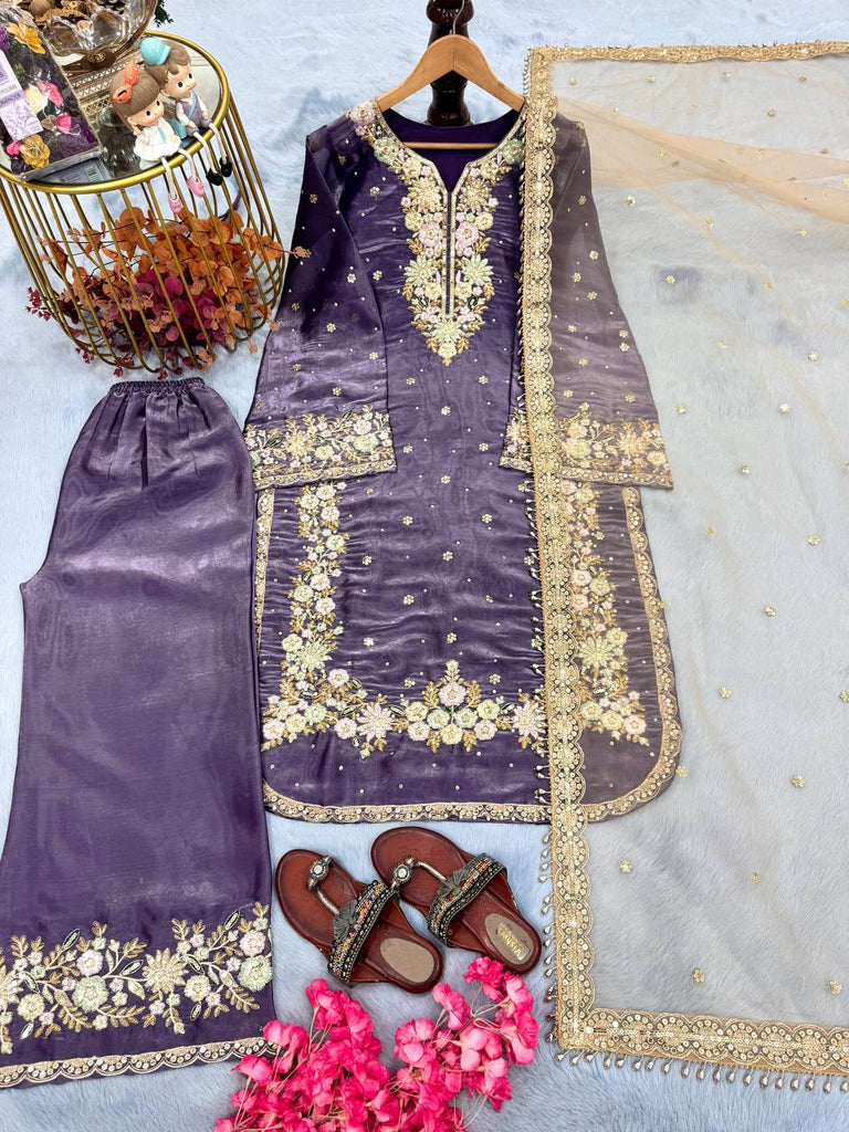 Purple Pure Tissu Silk Sequence Embroidery Work Plazzo Suit