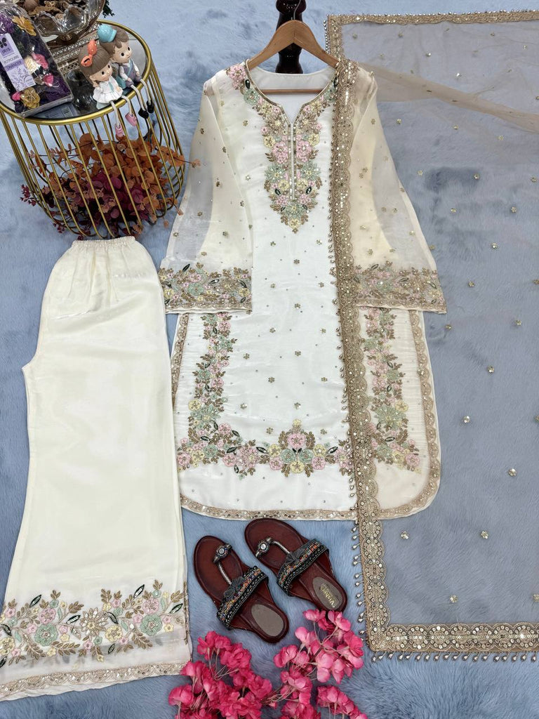 White Pure Tissu Silk Sequence Embroidery Work Plazzo Suit
