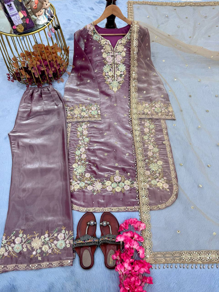 Mauve Pure Tissu Silk Sequence Embroidery Work Plazzo Suit