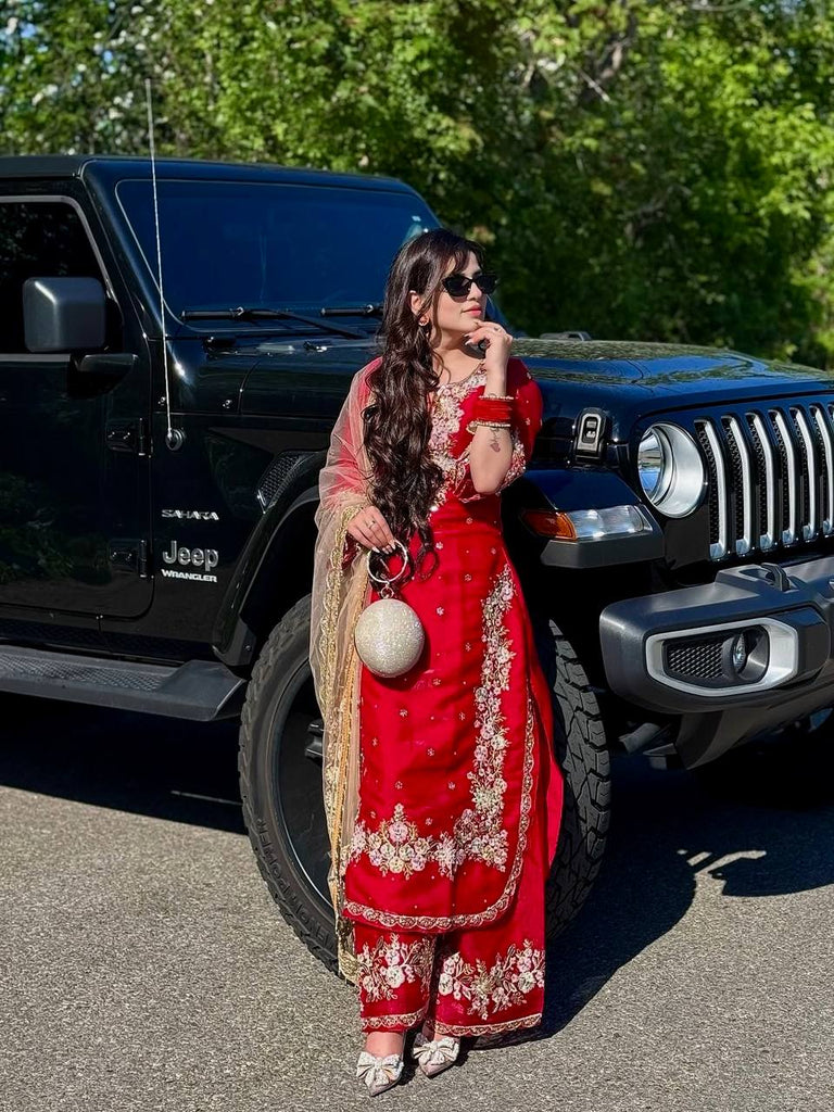 Red Pure Tissu Silk Sequence Embroidery Work Plazzo Suit