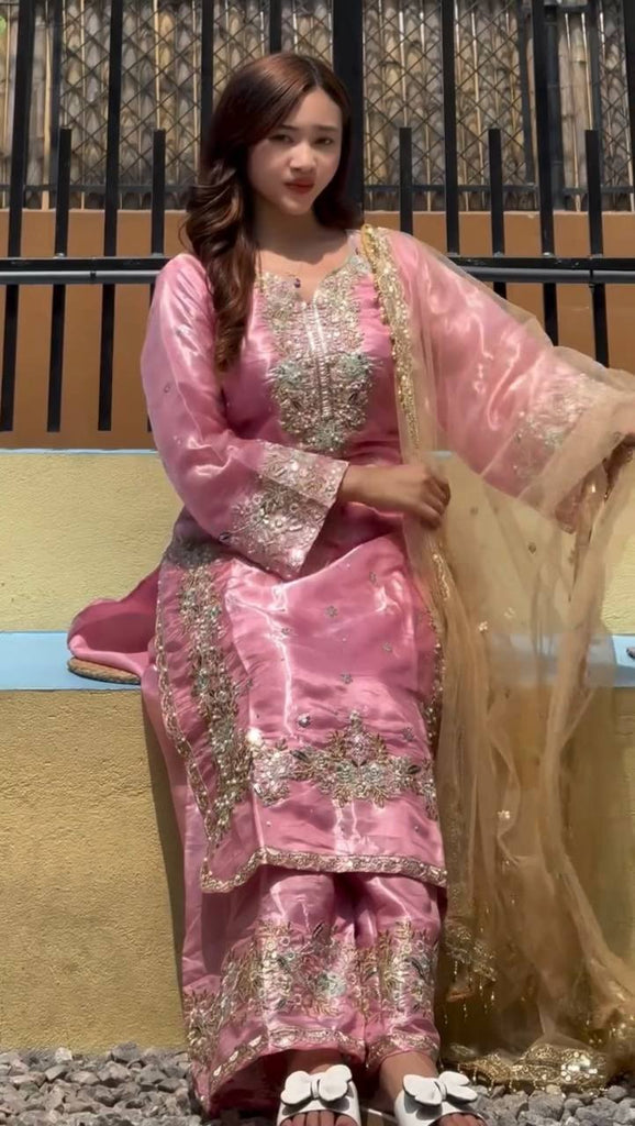 Pink Pure Tissu Silk Sequence Embroidery Work Plazzo Suit